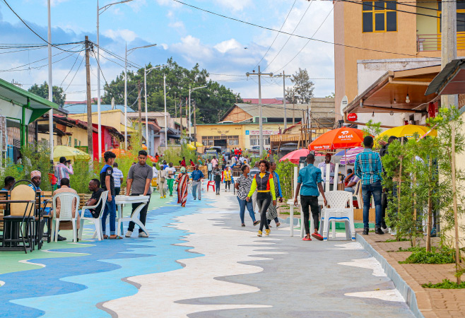 A bustling pedestrian street in Kigali, Rwanda